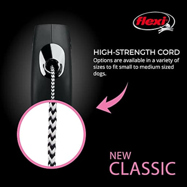 FLEXI® New Classic Retractable Dog Leash (Cord), Ergonomic, Durable and Tangle Free Pet Walking Leash for Dogs Up to 26 lbs, 26 ft, Small, Black