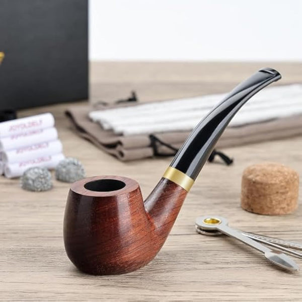 Joyoldelf Handmade Rosewood Tobacco Pipe - Wooden Smoking Pipe with Flat Bottom, Classic Pipe Set for Beginner and Pipe Lover with Gift Box and Accessories