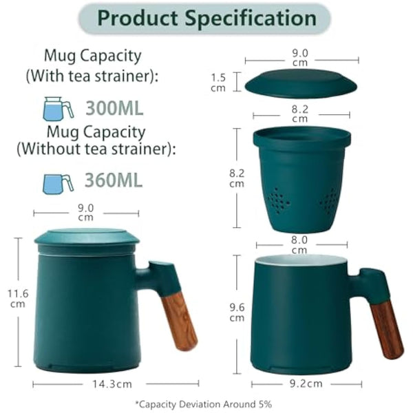 ZENS Tea Mug With Infuser and Lid, 360ML Ceramic Loose Leaf Cup With Fine Strainers, Wood Handle for Hot Brewing, Accessories for Women Tea Lovers Gifts