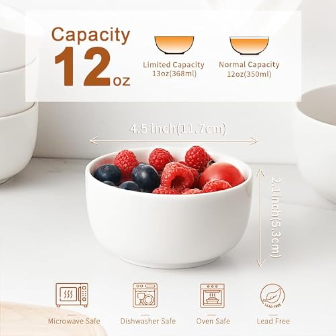 Jassceram Cereal Bowls Set of 8, 350ml Small Ceramic Bowls for Soup, Rice, Ice Cream, Dessert, Snack, Side Dishes, Suitable for Portion Control - Dishwasher & Microwave Safe, 4.5 Inch, 12 Oz, White