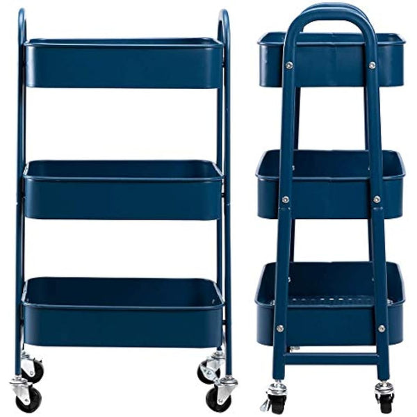 DOEWORKS 3-Tier Storage Trolley on Wheels Metal Storage Cart Rolling Kitchen Trolley Craft Trolleys Beauty Trolleys Utility Cart for Books Bedroom Bathroom Office, Navy Blue