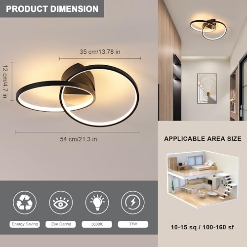Dorlink LED Ceiling Light, Bedroom Ceiling Lights 33W 2970LM, Dual-Round Hallway Ceiling Light Fixture, 3000K Black Light Fittings for Kitchen, Living Room, Dining Room