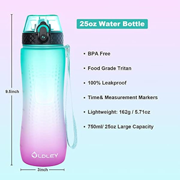 OLDLEY 750ml/25oz Water Bottles with Straw BPA Free Tritan Water Bottles for Gym School Sports Travel Leakproof Time Markings Durable Drink Bottles for Adult Kids Women Men(Green Purple, 1 Lid)