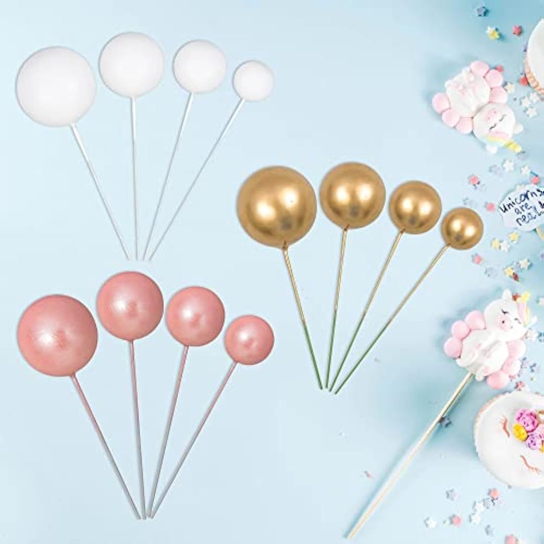 Gyufise 30Pcs Balls Cake Topper Mini Balloons Cake Toppers Foam Ball Cake Decorations Balloon Cake Topper Ball Shaped Cake Insert Topper for Birthday Party Baby Shower Decor Rose Gold White Gold