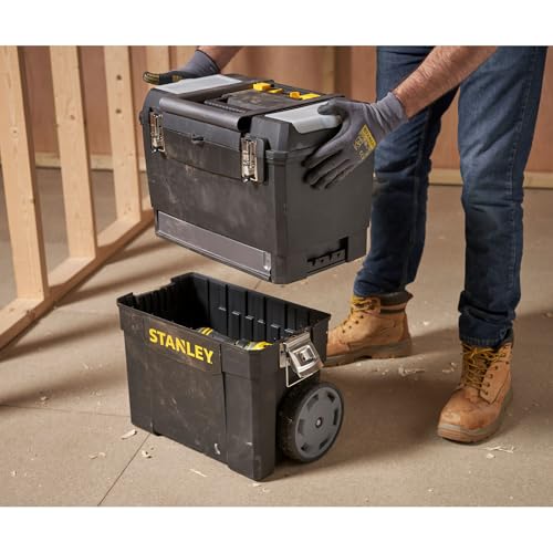 STANLEY Mobile Work Centre Toolbox, 2-in-1 Rolling Workshop with Stackable Units, Removable Toolbox, and Swivel Storage Carousel, 1-93-968
