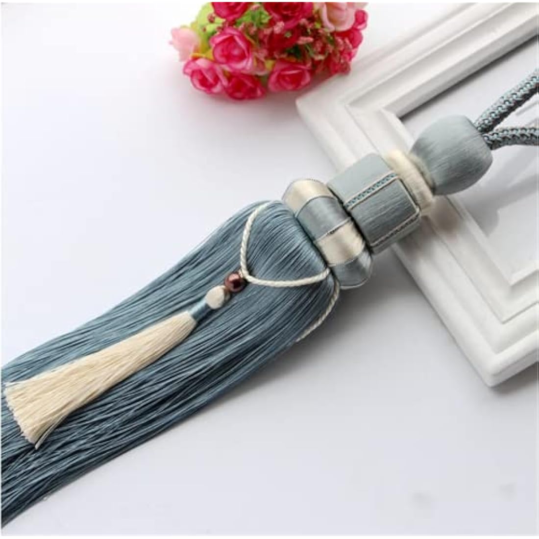 1 Pair Curtain Tiebacks Holdbacks Clip Binding Rope Tie Backs Handmade Tassel Tiebacks Home Window Decorative (Blue2)