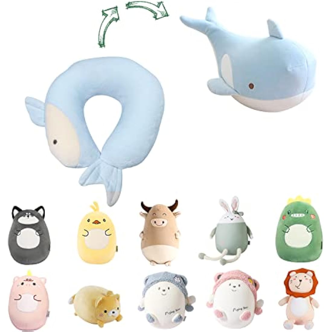 JOYRAVO Kids Travel Pillow - 2-in-1 Deformable Neck Pillow, Soft U-Shaped Pillow with Cute Plush Animals Comfy Sleep and Play Companion for Airplanes, Cars, and Travel - Blue Whale