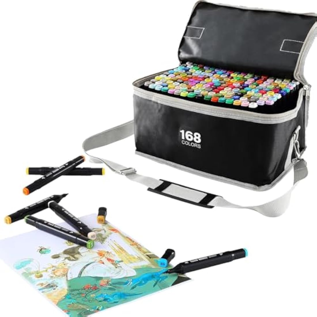 SOSINYA 168 Colours Dual Tip Art Markers Set, Felt Tip Pens for Adults, Permanent Alcohol Marker Pens for Drawing,Sketching,Anime,Manga with Carrying Case and Storage Base