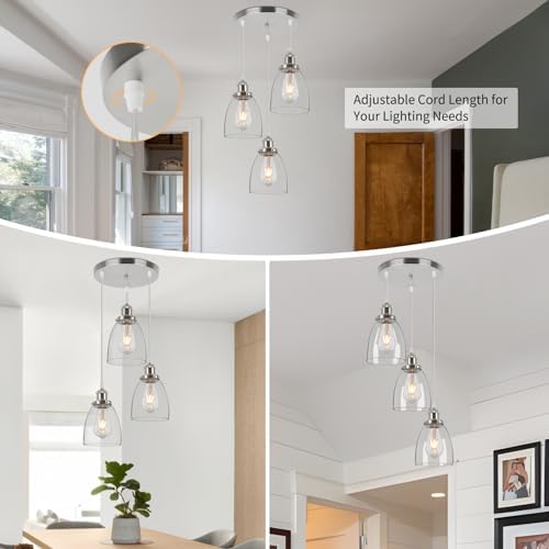 FORCOSO Industrial Glass Pendant Light, 3-Light Cone Shade, Brushed Nickel, Warm White, 1800 Lumen, 180W, Indoor, Kitchen, Bedroom, Living Room