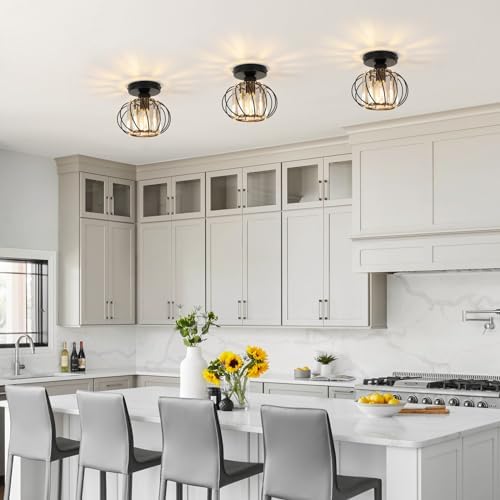 FORCOSO Ceiling Light 2-Pack, Black Light Shade Crystal Light Fitting, Semi Flush Chandelier Metal Lampshade, E27 Round Lighting Fixture for Living Room Hallway Kitchen Dining Room Bedroom Lounge