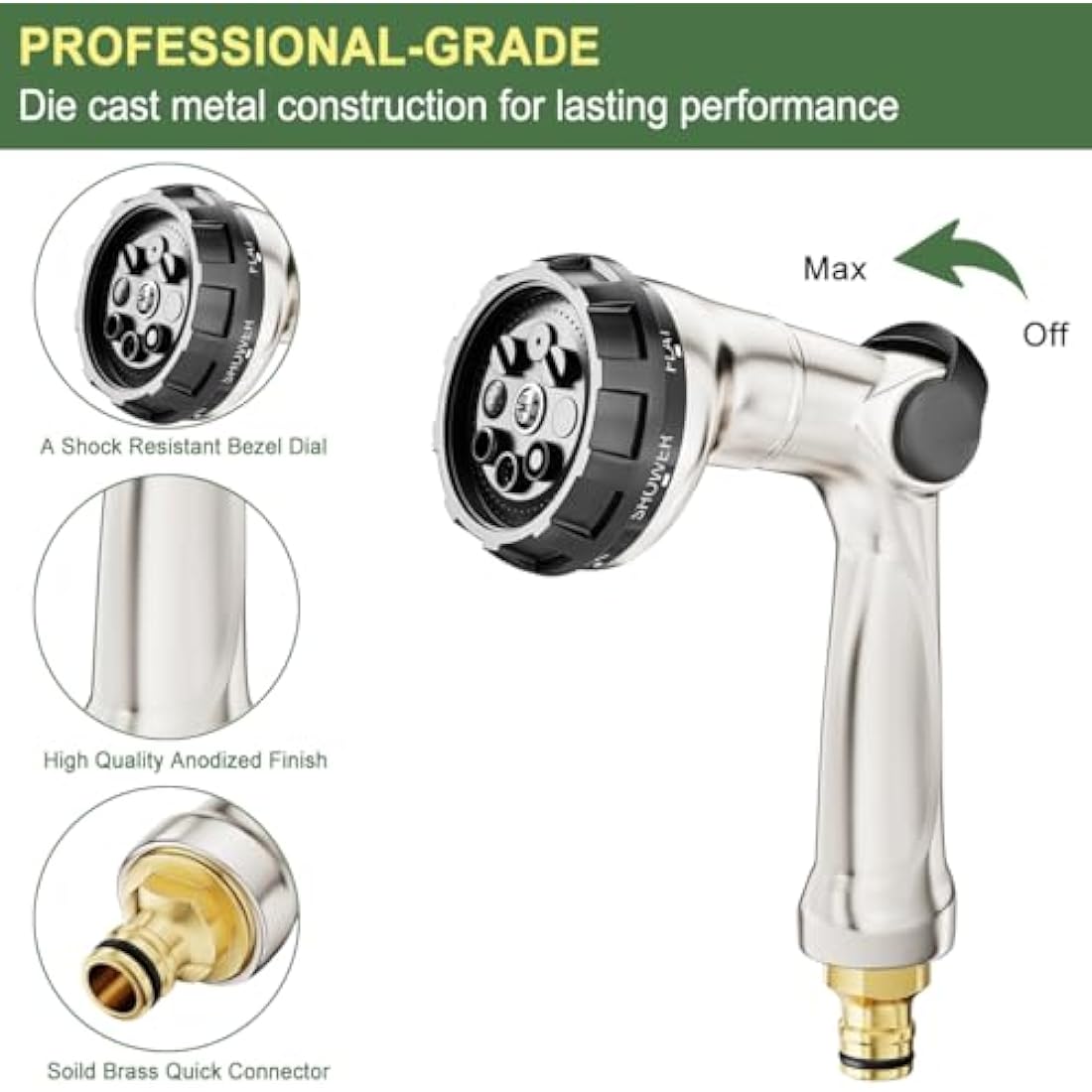 FANHAO Professional Heavy Duty Garden Hose Spray Gun, 100% Metal Thumb Control Hose Gun with 8 Spray Patterns, High Pressure Hose Nozzle for Lawn & Plant Watering, Car & Pet Washing