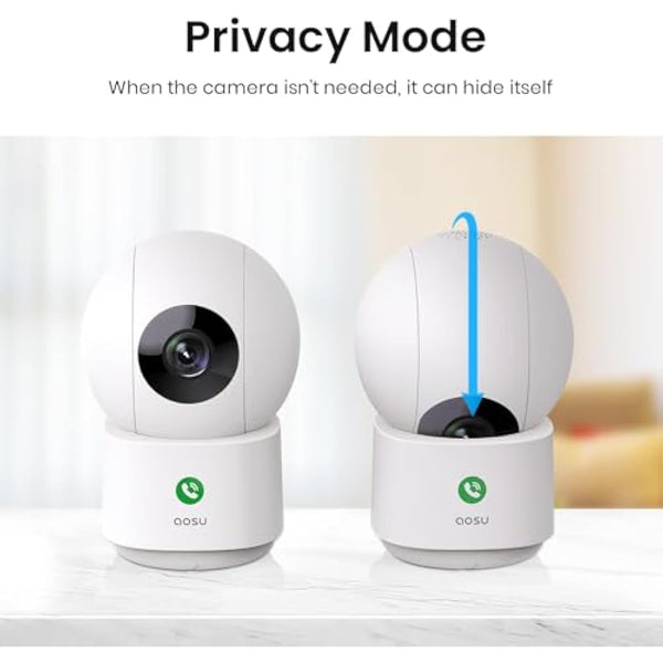 AOSU 2K WiFi Camera Indoor - Nanny Cam for Baby Room & Home, Plug-in, App Control, Pet Dog Monitoring, Motion Tracking, 360°View, 24/7 Recording, One-Touch Call, Two Way Audio