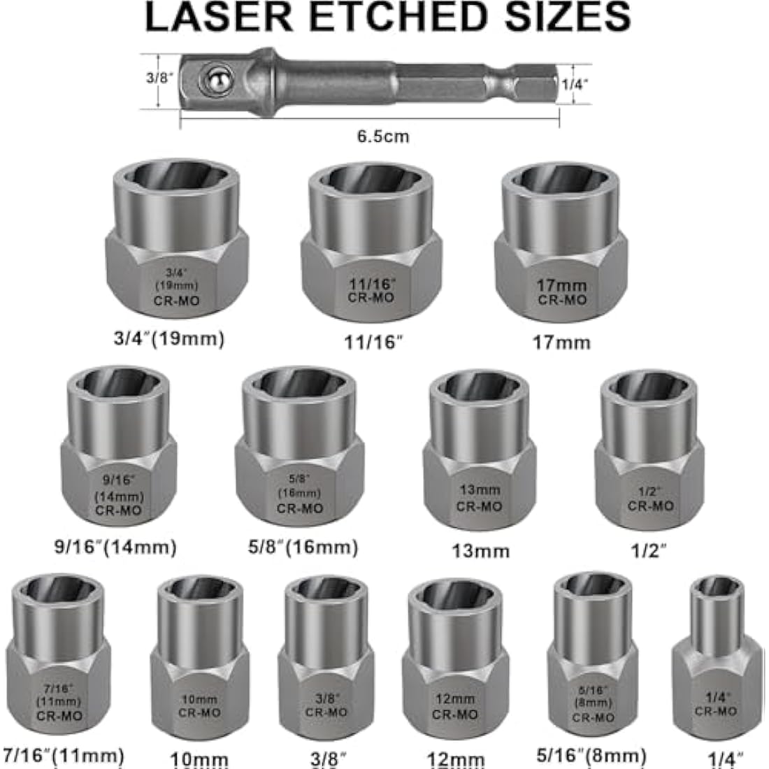 13+1 Piece Impact Bolt & Nut Remover Set - 3/8" Drive with Nut Extractor Socket, Hex Adapter, and Bolt Remover Tool for Damaged, Rusted, or Rounded-Off Bolts, Nuts, and Screws