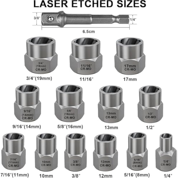 13+1 Piece Impact Bolt & Nut Remover Set - 3/8" Drive with Nut Extractor Socket, Hex Adapter, and Bolt Remover Tool for Damaged, Rusted, or Rounded-Off Bolts, Nuts, and Screws