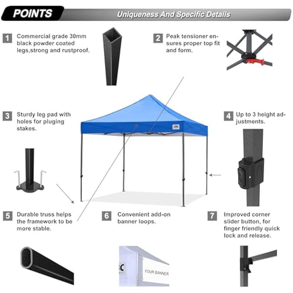 ABCCANOPY 3x3M Fully Waterproof Pop Up Gazebo With Upgraded Roller Bag, 4 Weight Bags, Stakes and Ropes(Blue)
