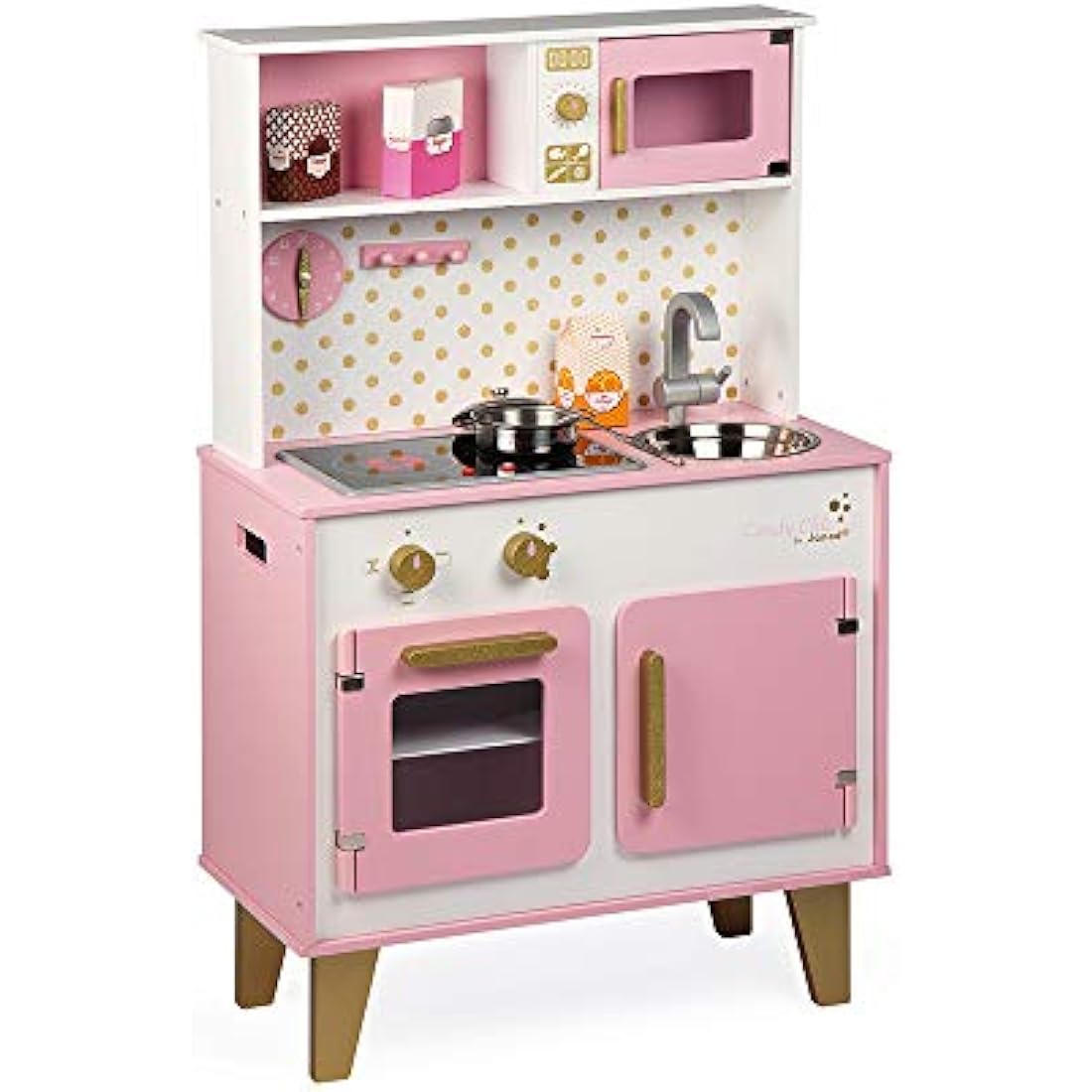 Janod - Candy Chic Big Wooden Cooker for Children - Equipped with Fridge and Microwave, Sound and Light - Pretend Play - 6 Accessories Included - For children from the Age of 3, J06554, Pink and White