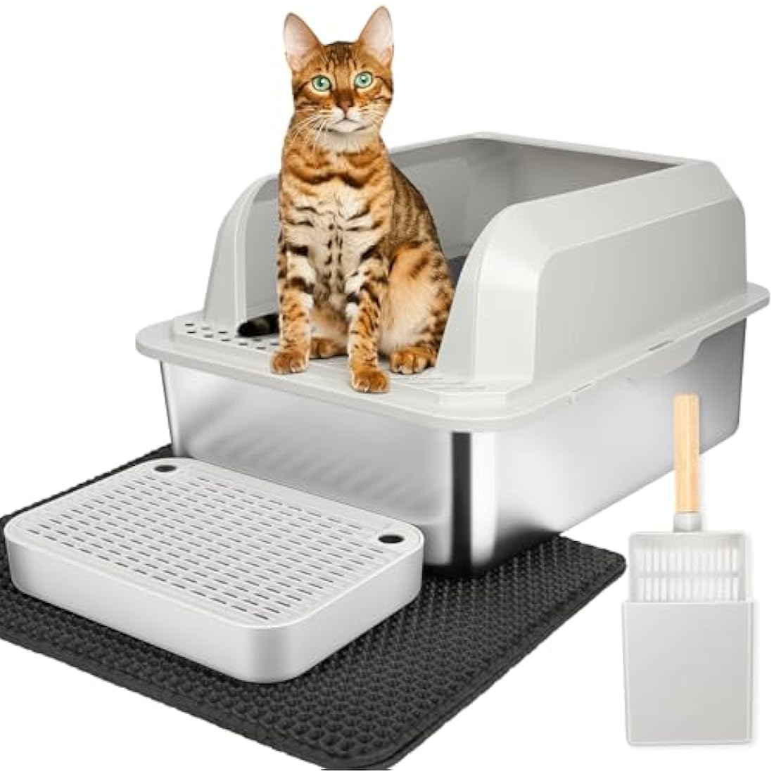 Vivifying Extra Large Grey Stainless Steel Cat Litter Box, Easy to Clean and Odour-Resistant Metal Cat Litter Tray with Lid, Leak-Proof, 55 x 35 x 30 cm