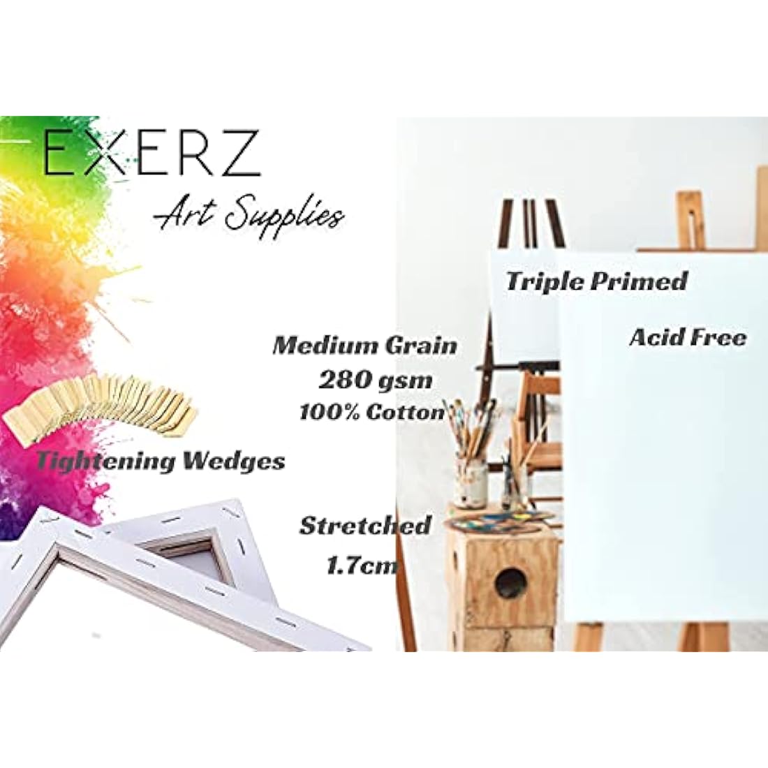 Exerz 40x50cm Pre-Stretched Canvas 4pk - 1.7cm Artist Framed Canvas Blank/ 280GSM 100% Cotton/Triple Primed/Acid Free/Medium Grain/Professional Artist Acrylic Paint, Oil Paint