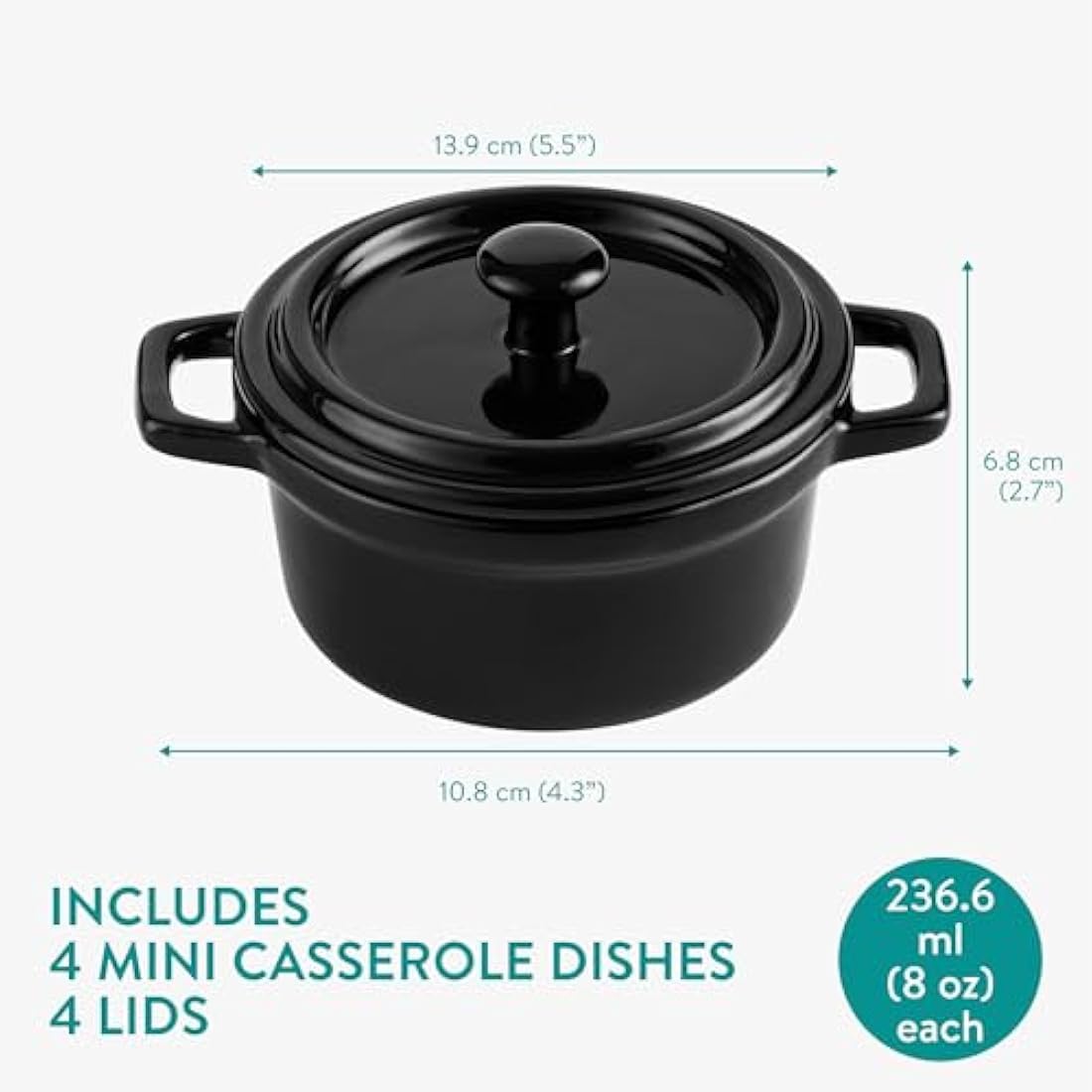 Navaris Small Casserole Dish with Lid - Ceramic Oven Proof Dishes - Mini Baking Casseroles Easy Clean & Store - Single Baking Dishes - Set of 4-237 ml (8 oz) - Black