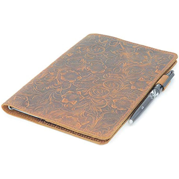 JJNUSA Compatible with Rocketbook Cover Smart Business Handmade Distressed Genuine Leather Notebook Cover for Everlast, Fusion, Wave Moleskin A4 with Pen Loop & Card Holder Letter 11" x 8.5" flower