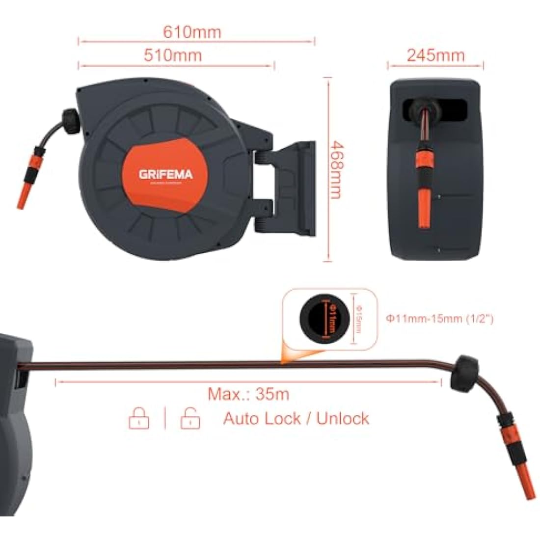 GRIFEMA G301-35 Garden Hose Reels Wall Mounted, 35M+2M Hose Pipes Reel for Garden, 180° Rotate, Retractable, Automatic Rewind with Adjustable Nozzle, Grey