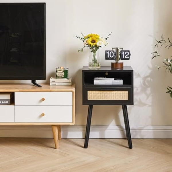 IBUYKE Rattan Nightstand, Boho Side Table with Drawer Open Shelf, Wood Accent Bedside Table, End Table with Legs for Bedroom, Living Room and Small Spaces, Black WNS009B