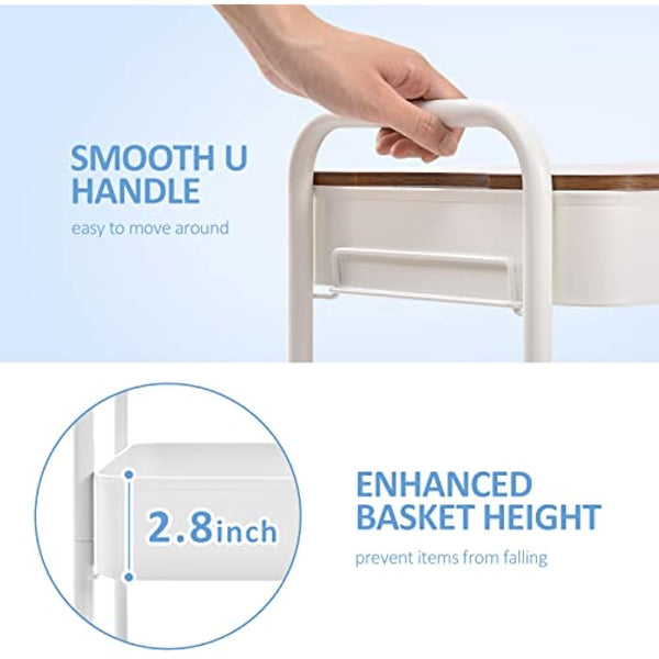 KINGRACK 3 Tier Metal Storage Trolley on Wheels with Removeable Wooden Worktop Trap Table Cover, Beauty Book Craft Tea Art Trolley for Home Bathroom Kitchen Laundry, No screws needed Easy