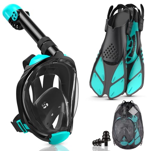 Lealinga Snorkel Set Adults Full Face Snorkel Mask with Flippers, Snorkeling Mask & Swim Fins, Panoramic View Snorkel Mask Fins Anti-Fog Anti-Leak