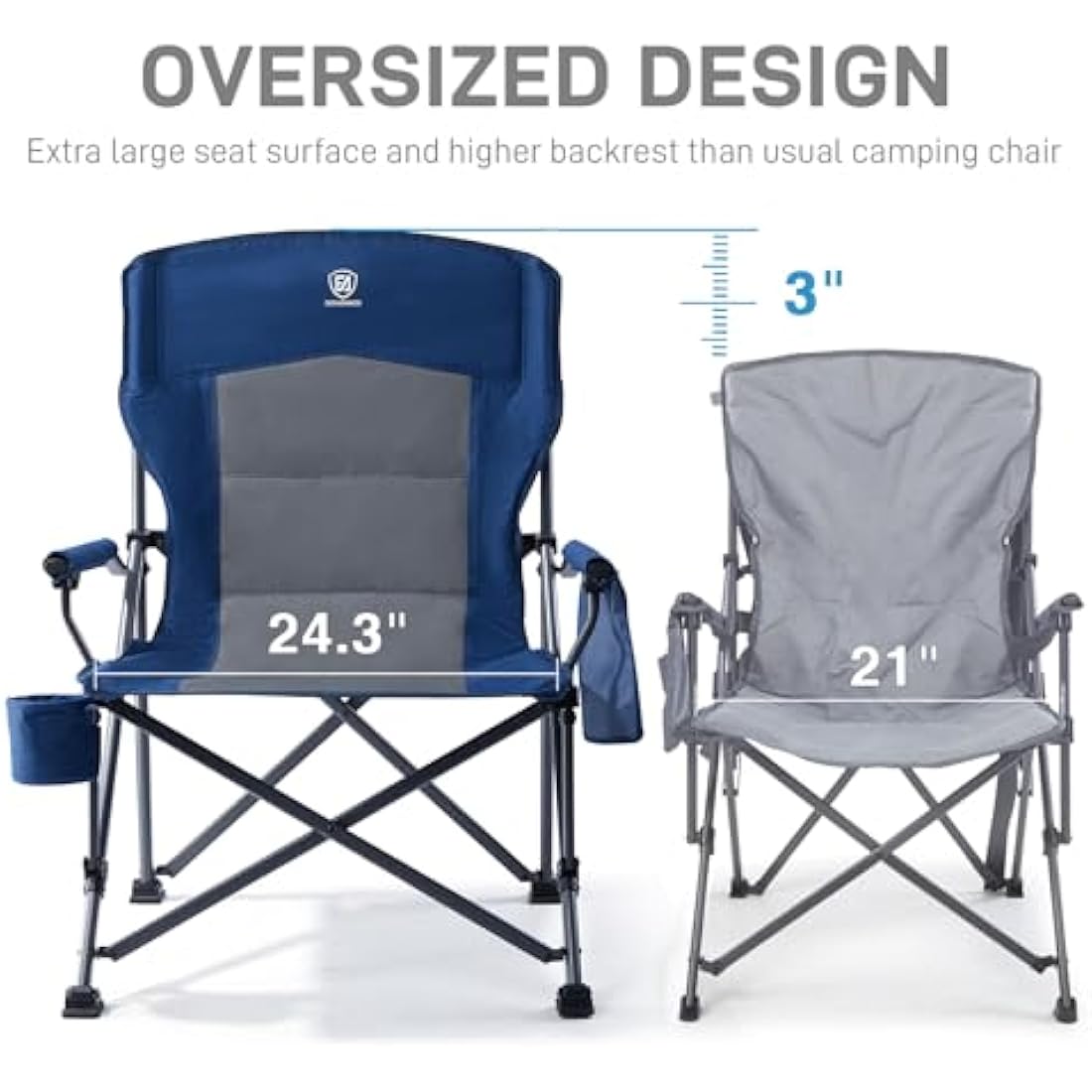 EVER ADVANCED Camping Chair for Adults Oversized 230KG, Folding Chair for Heavy People with Side Pocket, Heavy Duty Extra Wide Garden with Hard Armrest Foldable Fishing Outdoor Blue
