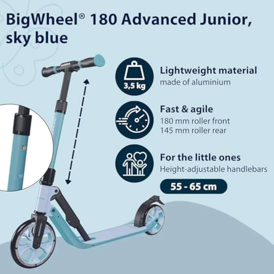 Hudora BigWheel® 180 Advanced Junior safe children's scooter from the age of 3 - Foldable an height-adjustable city scooter with reflectors - For boys & girls up to 60 kg