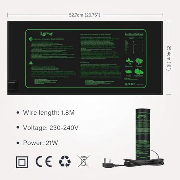 LERWAY Seedling Heating Mat Plant Warming Mat Waterproof Greenhouse Heating Pad 21W for Propagation Germination Tray Hydroponic Terrarium Reptile Amphibian Heat Mat 25.4cm*50.8cm (25.4 * 50.8cm x 2)