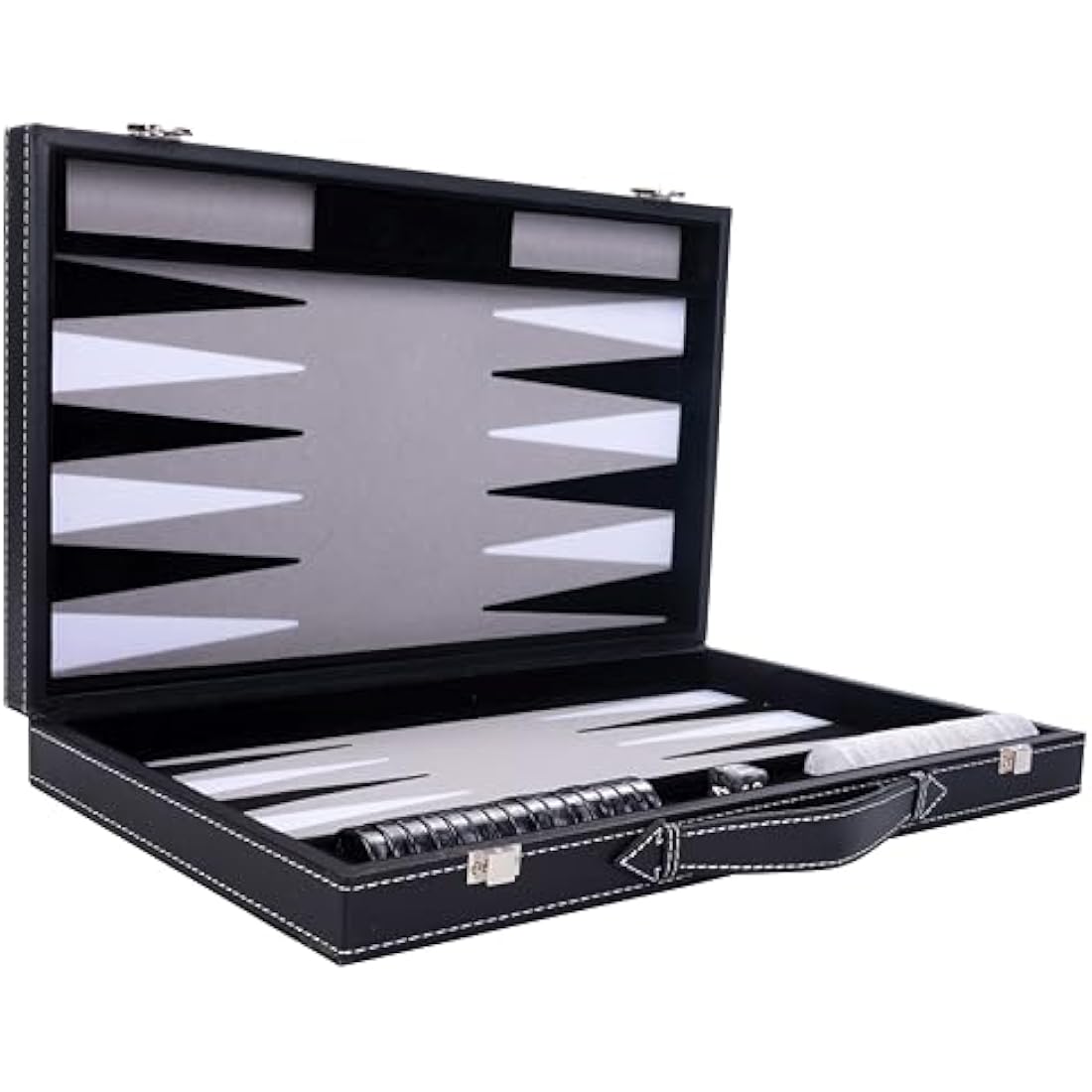 Engelhart - 250506 - Luxury Backgammon - Grey - 38 cm - 15 Inches - Faux Leather - Felt Inlay - Pearl Dice and Chips + 2 Cups - Strategy - Backgammon Game