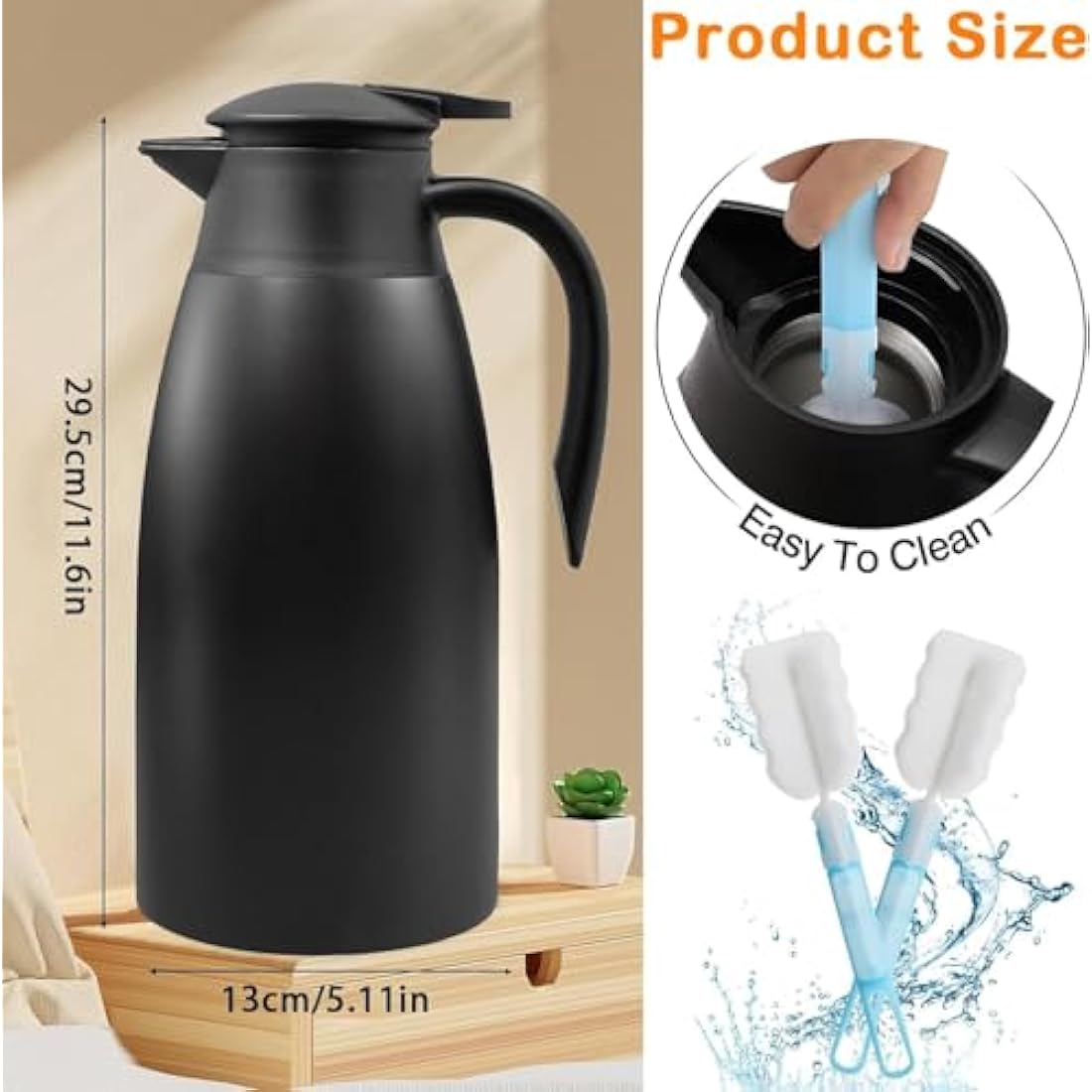 2 Pack 2L Thermal Coffee Carafe Jug, 68 OZ Black Stainless Steel Insulated Jug Tea Pot, Double Walled Vacuum Carafe Jugs for Coffee Tea Hot Water Hot Beverage (12+ Hrs Heat&24+ Hrs Cold Retention)