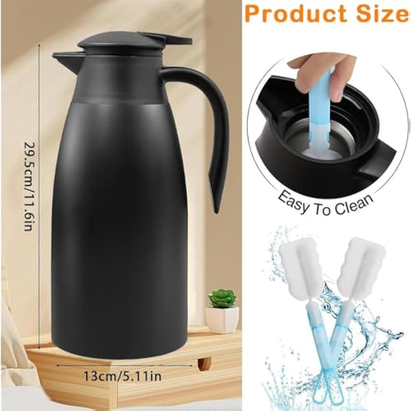 2 Pack 2L Thermal Coffee Carafe Jug, 68 OZ Black Stainless Steel Insulated Jug Tea Pot, Double Walled Vacuum Carafe Jugs for Coffee Tea Hot Water Hot Beverage (12+ Hrs Heat&24+ Hrs Cold Retention)