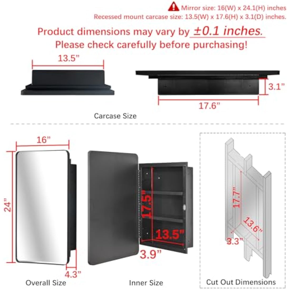 Fundin Plastic Mirror Cabinet, Beveled Edge Mirror Door with Round Corner Metal Frame, Recessed and Surface Mount, Black,40 X 61 CM