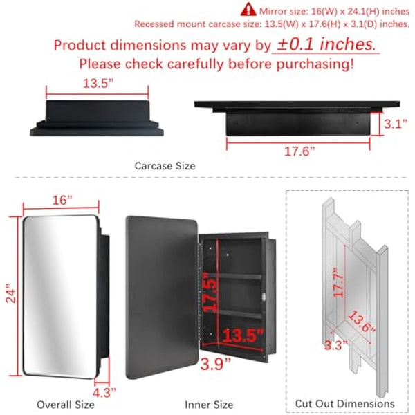 Fundin Plastic Mirror Cabinet, Beveled Edge Mirror Door with Round Corner Metal Frame, Recessed and Surface Mount, Black,40 X 61 CM
