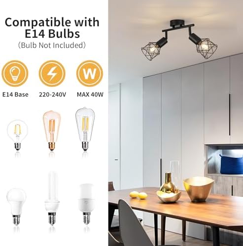FORCOSO Ceiling Lights Spotlight, 2 Way Spot Lights 350°Adjustable, E14 Base Black Light Shade Metal Wire Cage Light Fittings, Industrial Wall Ceiling Lamp for Kitchen Living Room Hallway Bedroom