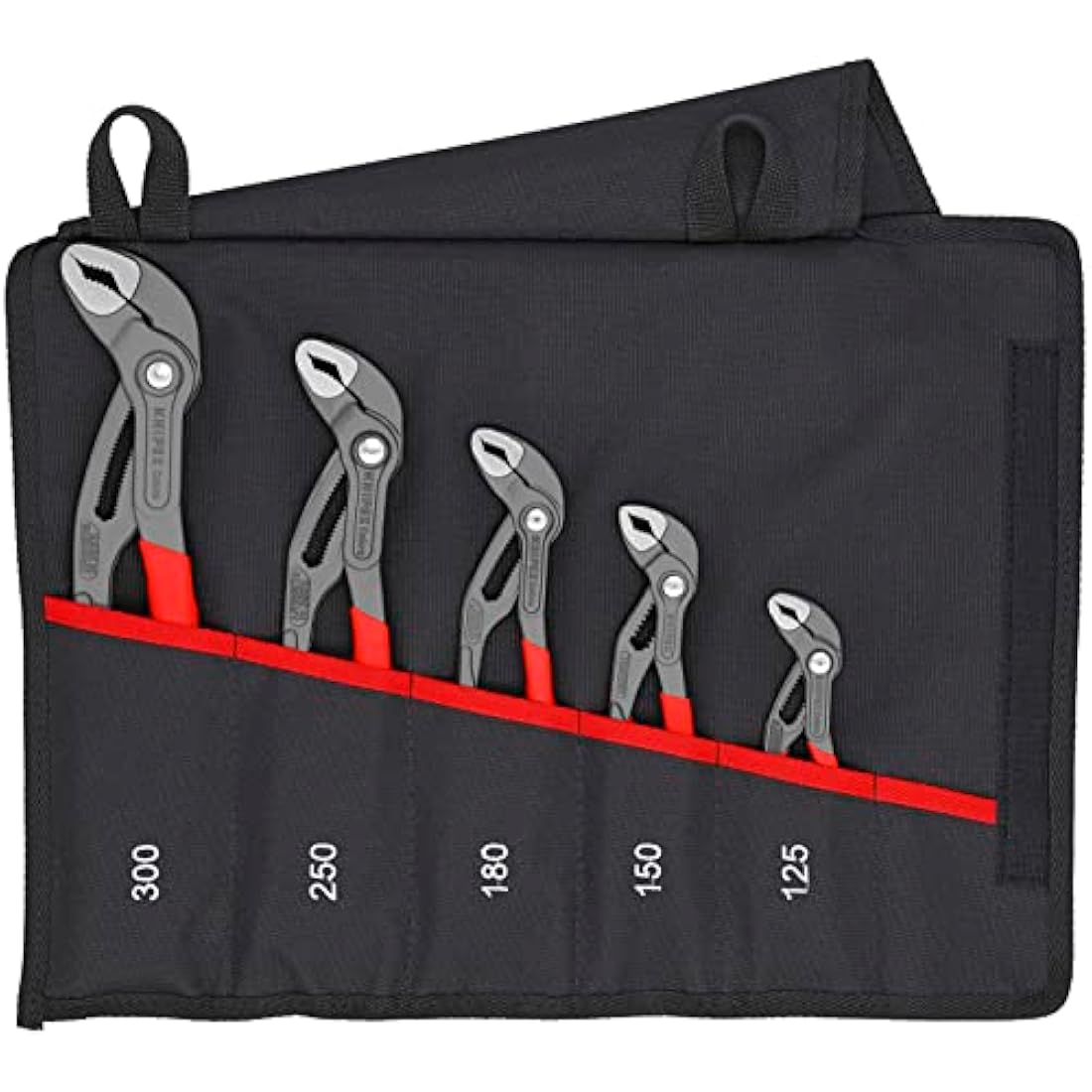 KNIPEX Cobra Set Water Pump Pliers Set, 5 Parts, 125 to 300 mm, Self-Locking Effect, in High-Quality Roll-Up Bag, Tool Set, Pipe Wrench, 00 19 55 S5