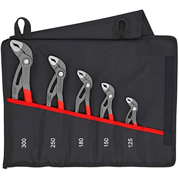 KNIPEX Cobra Set Water Pump Pliers Set, 5 Parts, 125 to 300 mm, Self-Locking Effect, in High-Quality Roll-Up Bag, Tool Set, Pipe Wrench, 00 19 55 S5