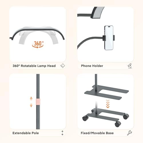 Lmaqfum Lash Light for Eyelash Extensions, 2 in 1 Half Moon Lamp with Phone Holder & 50cm Swing Arm, 7 Colours & Stepless Dimming, Esthetician Light with Wheel Stand for Eyelash Extension