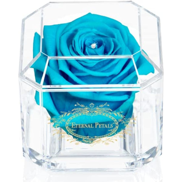 Eternal Petals A 100% Real Rose That Lasts Years, Handmade in UK – Gold Solo with A Multicolour Swarovski Crystal (Blue Lagoon)