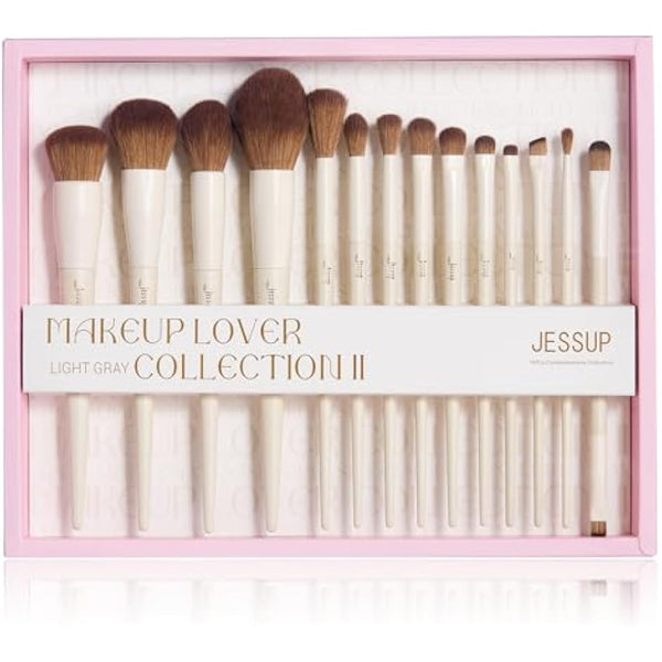 Jessup Makeup Brushes 14Pcs Makeup Brush Set Premium Synthetic Powder Foundation Contour Blush Concealer Eye Shadow Blending Liner Make Up Brush Kit Light Grey with Gift Box, T329-G