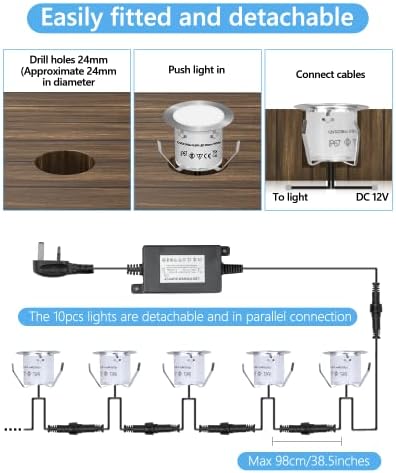 HIBOITEC 16Pcs Decking Lights, Lighting LED Deck Lights φ32mm, Cool White Decking Lighting, Waterproof Plinth Deck Light, for Outdoor, Garden, Floor Tile, Staircase, Wall Corner, Bathroom