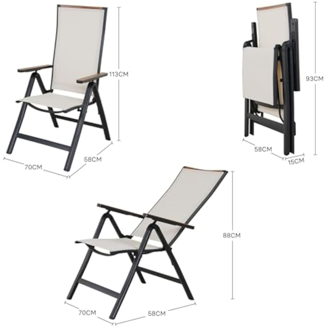 Grand patio folding chair, Aluminium garden chairs set of 2 with Armrest & Mesh breathable Seat, Adjustable 6 Position High Backrest, foldable dining chair for Outdoor, Garden, Dining room (White)