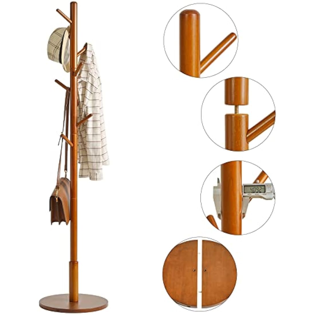 IBUYKE Free Standing Hall Coat Tree with 8 Hooks, Stand Tree Rack with Round Base, Entryway Coat Stand for Purses, Clothes, Scarves, for Hallway, Bedroom, Living Room, Brown WD-113