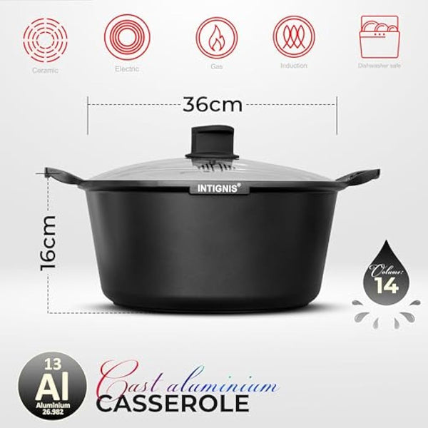 INTIGNIS® Casserole Pot with lid – Large 36cm |14 Litre | 16 Inches – Induction Compatible – GREBLON Ceramic Non Stick Chemical Free Coating Black