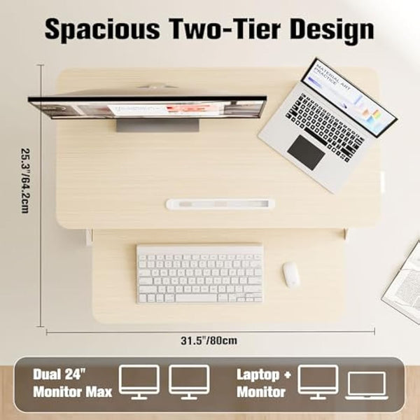 ERGOMAKER Height Adjustable Standing Desk Converter - 81cm (32 Inch) Wide Platform Tabletop Workstation - Quick Sit to Stand Desk Riser for Dual Monitors Golden Oak