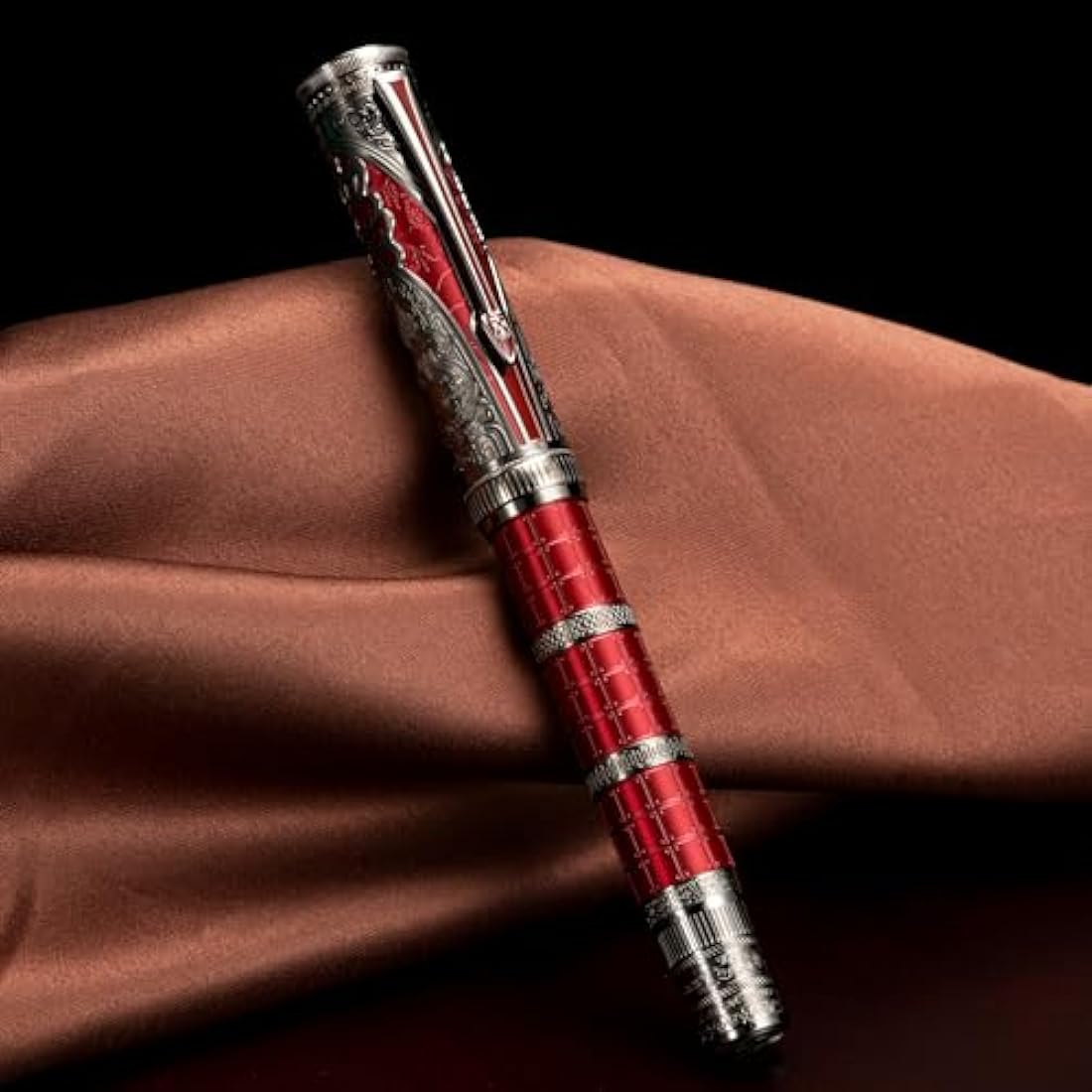 Hongdian D5X Fountain Pen Red Color Extra Fine Nib, Qin Dynasty Retro Chinese Totem Engraving Smooth Writing Pen with Converter and Pen Box Set