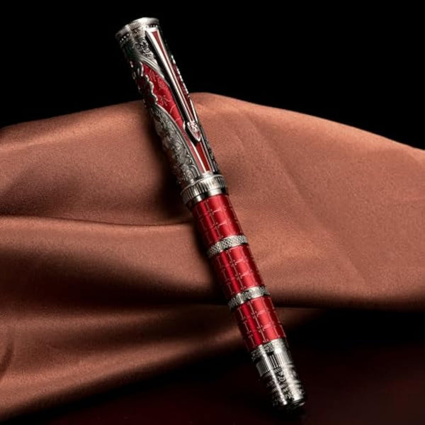 Hongdian D5X Fountain Pen Red Color Extra Fine Nib, Qin Dynasty Retro Chinese Totem Engraving Smooth Writing Pen with Converter and Pen Box Set