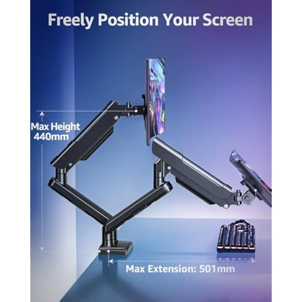ELIVED Dual Monitor Arm Desk Mount for 13-32 inch Screen, Height Adjustable Double Gas Spring Arm, Gaming Monitor Arm Holds 2-9kg, VESA 75x75 100x100 with C-clamp& Grommet, Freelift Pro Black EV6012B